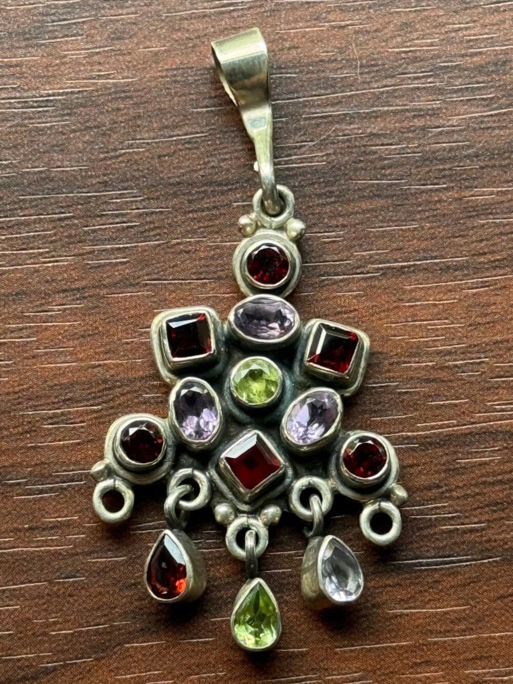 Gemstone and .95 Silver Pendant Amethyst, Garnet, Peridot